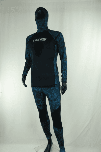 Cressi Cobia Blue Camo Hooded Rash Guard - Neoprene Padded Chest Wetsuit / Rashguard