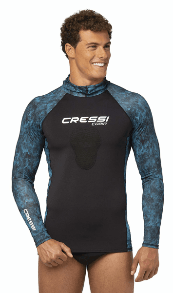 Cressi Cobia Blue Camo Hooded Rash Guard - Neoprene Padded Chest Wetsuit / Rashguard