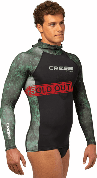 Cressi Cobia Green Camo Hooded Rash Guard - Neoprene Padded Chest S Wetsuit / Rashguard