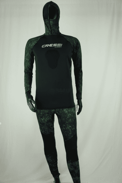 Cressi Cobia Green Camo Hooded Rash Guard - Neoprene Padded Chest Wetsuit / Rashguard