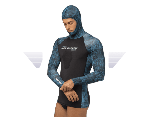 Cressi Cobia Blue Camo Hooded Rash Guard - Neoprene Padded Chest Wetsuit / Rashguard