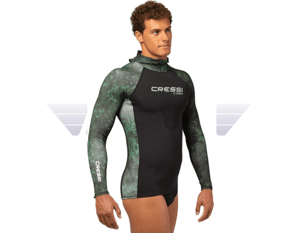 Cressi Cobia Green Camo Hooded Rash Guard - Neoprene Padded Chest Wetsuit / Rashguard